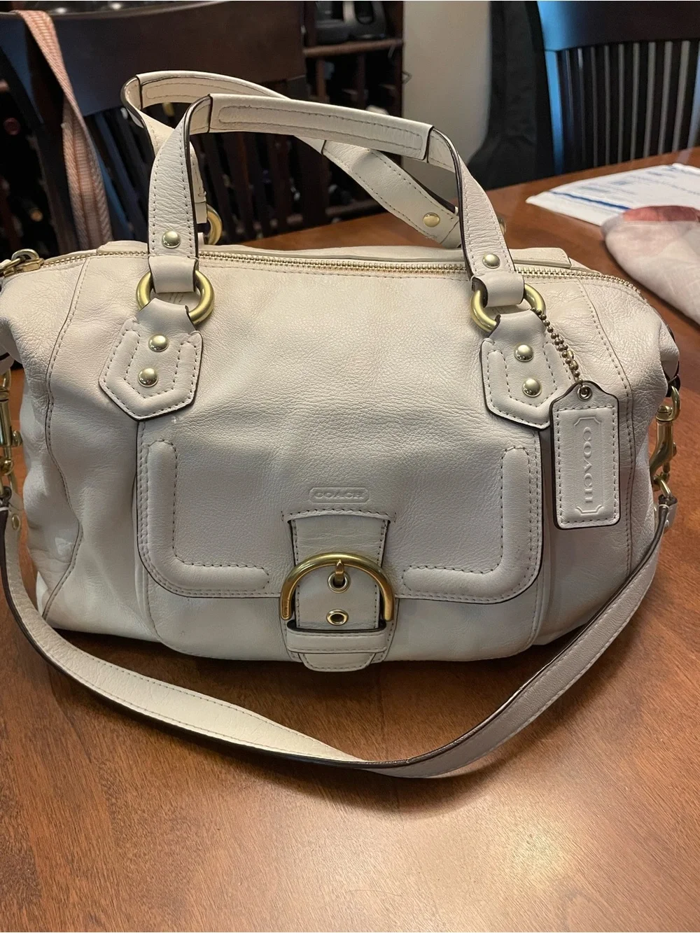 Vintage Coach Cream Leather Shoulder Satchel with Gold Hardware, soft pebble, c.